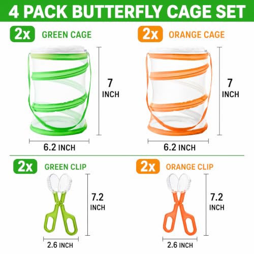 8 Pieces Butterfly Kit, 4 Pcs Insect and Butterfly Habitat Cage with 4 Pcs Bug Catcher, Insect Mesh Cage, Caterpillar Enclosure, Butterflies Habitat, Terrarium Pop-up(Orange, Green)