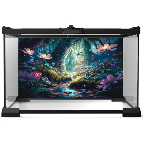 Fairy Forest Aquarium Background Tropical Forest Colorful Flowers Tranquil Stream Terrarium Background Jungle Rainforest Glitter Flowers Sunbeams Fish Tank Backdrop Jungle Reptile Backdrop 24x12in - color: Blue Purple, size: 24(W)x12(H)inches/ 60(W)*30cm(