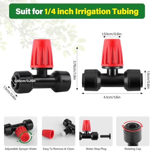 Kalolary 30Pcs Push-to-Fit Drip Irrigation Spray Emitters for 1/4" Tubing | Three-Way Adjustable Atomizing Nozzle Micro Irrigation Dripper Sprinklers with 6PCS End Plugs for Irrigation System(Red) - size: 1/4” Push-to-Connect Tee- Misting- 30P Red