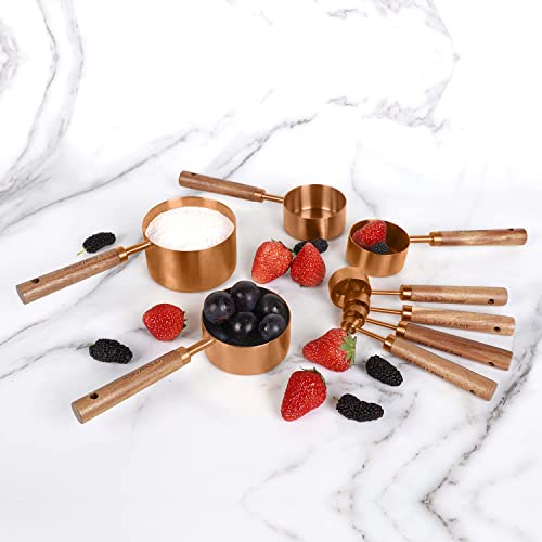Collection 8 Piece Rose Gold Measuring Cups Set and Measuring Spoons, Golden With fragrant wood Handles-Complete Set of Measure Cups and Spoons For Cooking and Baking. - color: Copper