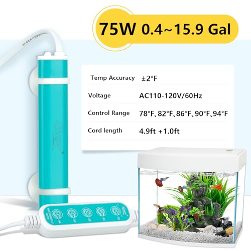 hygger Mini Submersible Aquarium Heater, Turtle and Betta Fish Tank Heater with Five-Key External Controller 78℉、82℉、86℉、90℉、94℉ for Freshwater Small Tank - size: 75W for 0.4~15.9Gal
