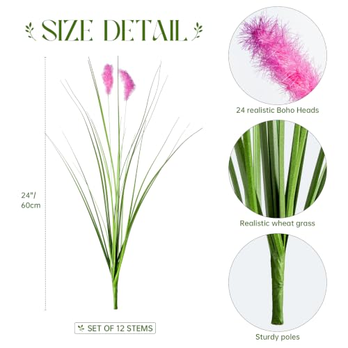 Ttranewsoo 12Piece 24 Inch Pink Artificial Cattails & Tall Faux Grass | Fake Grass Stems for Outdoor Planters, Pond, Patio & Garden; Artificial Ornamental Grass for Floor Vases and Entryway Decor - color: Greenish-purple