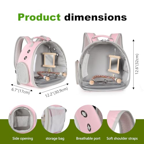 Portable Parrot Travel Cage Carrier with Mirror Standing Toy Set Small Bird Parakeet Bag with Standing Perch Bird Carry Transport Bag (Pink, Backpack/Mirror) - color: Pink, size: 12.0"L x 8.0"W x 12.0"H