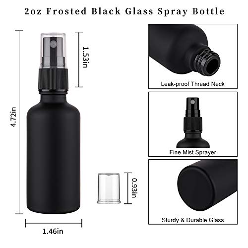 2oz Frosted Black Glass Spray Bottles for Essential Oils, Set of 3 | Small, Travel, Mini, Empty, Fine Mist, for Facial, Cosmetic, Perfume, Hair Care, Room, Refillable, Leakproof, UV protection - color: Frosted Black