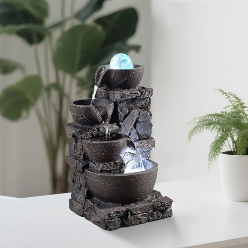 Indoor Tabletop Fountain with 4-Tier Stone Bowls, Rolling Crystal Ball & LED Lights – Tranquil Waterfall Decor for Home, Office or Zen Space (23066) - color: Black