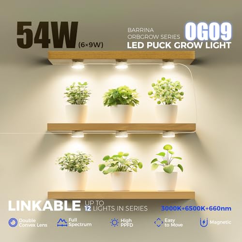 Barrina Orbgrow OG09 Puck Grow Light, 54W(6 x 9W), 660nm Red LEDs, 6 Packs | Full Spectrum Plant Light for Indoor Plants, Magnetic & Linkable, Small Grow lamp, Perfect for Plant Shelf - color: GrowForce Spectrum-White Cover, size: 6 Packs without Timer