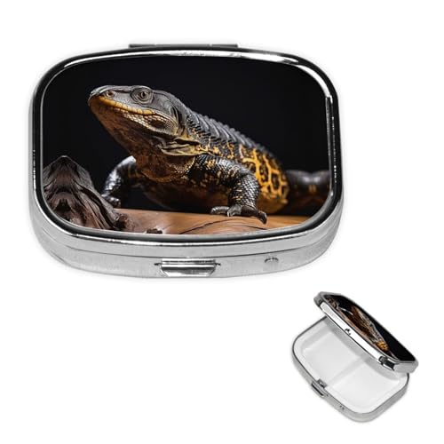 Square Round Pill Case Reptile Monitor Lizard Pill Box Daily 2 Compartment Travel Pill Container for Pocket Purse Portable Medicine Cod Liver Oil Storage Box 2 Times a Day Pill Organizer - color: Reptile Monitor Lizard