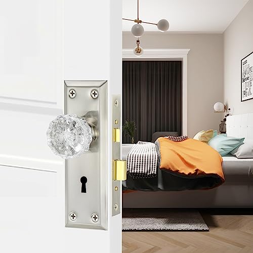 Mortise Lock Set for Interior Door with Crystal Glass Door Knobs | Brushed Nickel, Vintage Door Knobs with Lock and Antique Skeleton Key Replacement Old Style Door, 2-3/8" Backset - color: Brushed Nickel, size: 1 Pack Mortise Lock
