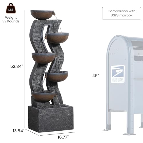52.8" Tall Outdoor Water Fountain with Lights, 6-Tier Cascading Resin Waterfall Feature for Porch, Garden, Yard, Deck, Patio – Large Freestanding Outdoor Fountain and Waterfall Outside Decor - color: Brown, size: 52.8inch