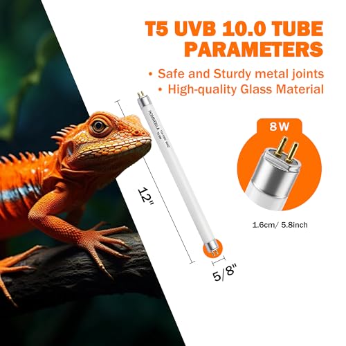 T5 10.0 UVB Reptile Light Bulb, 8W 12" 2-Pack for Bearded Dragon | 2-pack T5 UVB/UVA 10.0 tube. Promotes D3 & calcium. Fits 12" fixtures. For bearded dragons, lizards & chameleons. - color: White-2p-bulb, size: T5-12"