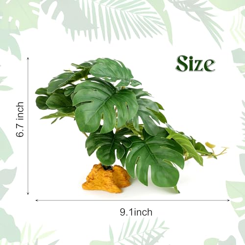 2 Reptile Plants Terrarium Hideaway Amphibian Habitat Fake Monstera | Imitation Reptile Plant Decoration with Base Tank Accessories for Terrarium Ball Python Bearded Dragon Gecko Lizard Tortoise - color: 2pcs Fake Monstera