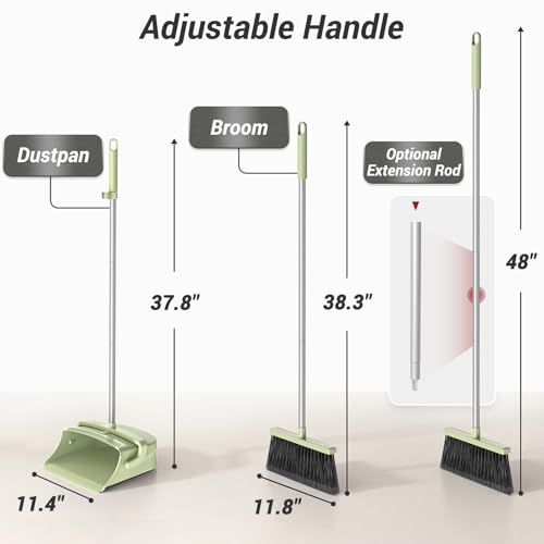Broom with Dustpan Set for Pet Hair & Dust Cleanup, Green | Long Handle Upright Standing Self-Cleaning Broom and Dustpan Set for Indoor Outdoor Use for Home, Kitchen, Office - color: Green