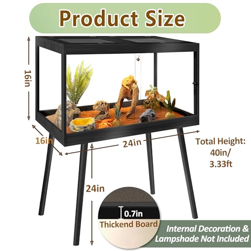 Reptile Enclosure with Leg, 30 Gallons Bearded Dragon Tank, Tempered Glass Lizard Tank with Metal Mesh Tops and Lockable Door, Spacious Reptile Habitat for Snake,Lizard (Black) - color: Black, size: 24"x16"x16",30Gallons