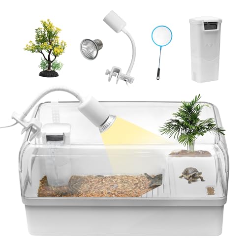 Turtle Tank Acrylic Habitat Kit with Silent Filter & Bottom Drain,UVB Basking Platform Light,Multi-Zone Aquatic Tortoise Enclosure and Filter
