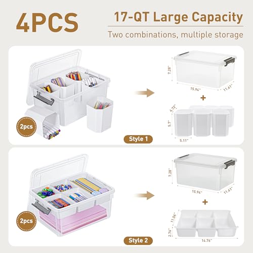 Citylife 17QT 4Packs Clear Craft Organizers and Storage Bins with Lids | Stackable Art Supply Organizer with Tray and 6 Inserts for Markers, Crayons, Pencils, Tools, Playdoh, Coloring Books - size: 17 Qt- 4 Pack- W