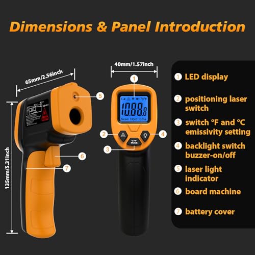 FKM Infrared Thermometer Gun Non-Contact Laser Temperature Gun-58°F~1112°F | Adjustable Emissivity,Digital IR Thermometer Gun for Industrial,HVAC,Automotive,Cooking,Griddle,Pizza Oven,BBQ,Not for Human - color: Black Yellow