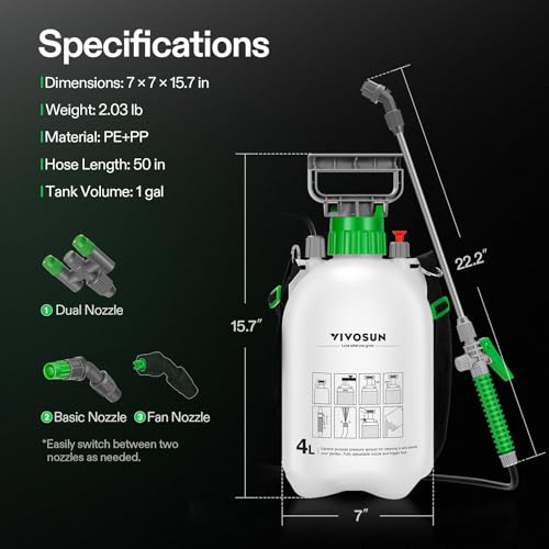 VIVOSUN 1 Gal/4L Pump Sprayer, Garden Water Sprayer | for Plants, Weeds & Lawn Care, with 3 Nozzles, 50'' Long Hose & Pressure Relief Valve - size: 1.0 gal