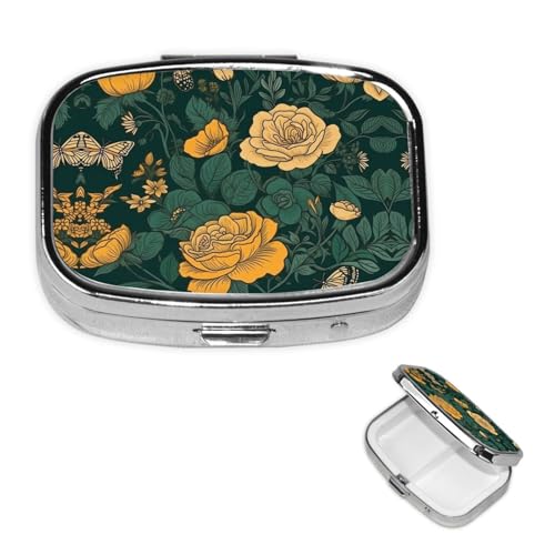 Square Round Pill Case Roses and Butterflies Pill Box Daily 2 Compartment Travel Pill Container for Pocket Purse Portable Medicine Cod Liver Oil Storage Box 2 Times a Day Pill Organizer - color: Roses and Butterflies