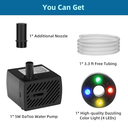 DaToo Mini Submersible Fountain Water Pump With LED Light 95GPH 5W Small Ultra Quiet Water Pump With Tubing For Aquarium Fish Tank Outdoor Pond Water Feature Fountain Statuary - size: 95GPH 5W(4 LED)
