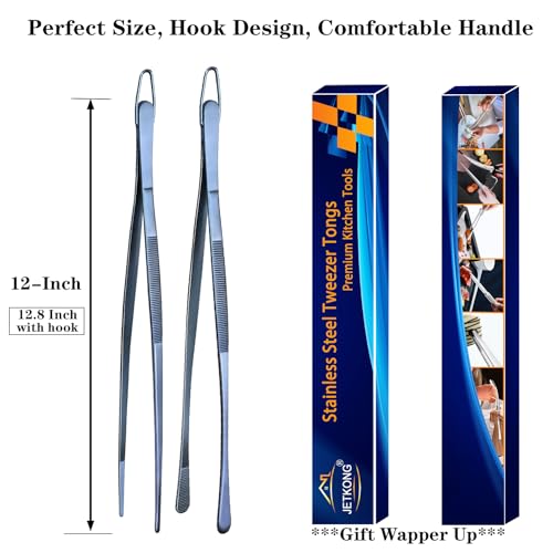 JETKONG 2 Pcs 12-Inch Cooking Tweezer Tongs Stainless Steel Kitchen Tweezers Plating Tongs (Navy Blue) - color: Navy Blue, size: 12+12 Inch