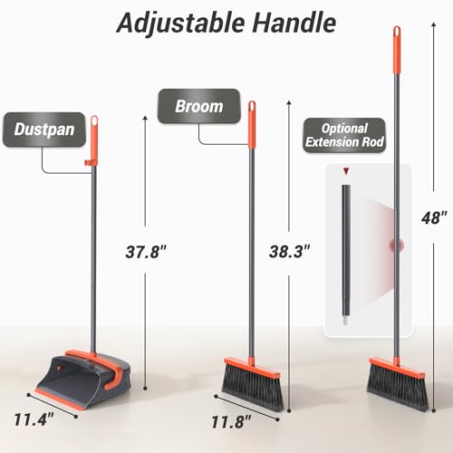 Broom with Dustpan Set for Pet Hair & Dust Cleanup, Orange & Gray | Long Handle Upright Standing Self-Cleaning Broom and Dustpan Set for Indoor Outdoor Use for Home, Kitchen, Office - color: Orange & Gray
