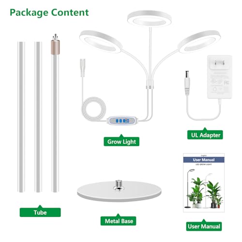 Aumtrly 3 Head Grow Light Full Spectrum LED for Tall Indoor Plants Growing | 68" Adjustable Floor Stand, 6/12/16H Timer, 5 Dimming Levels, Large White Halo Lamp Design, Flexible Gooseneck, Metal Base - size: 3 head 68inch/white