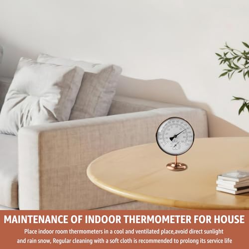 4" Indoor Thermometer & Humidity Gauge, Brass Dial with Stand | Room Analog Temperature & Humidity Monitor, Dual Scale Display, Battery-Free For House Home Desk Bedroom Garage RV