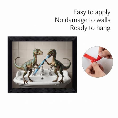 Framed Canvas Wall Art Hyper-Realistic Compsognathus Dinosaurs on Sink Green Reptile Textures Canvas Print Poster Black Frame Wall Decor for Bathroom Modern Dinosaur Art, Reptile Decor - Inch 16x20 - color: Multicolor Art 3, size: 20"L x 16"W
