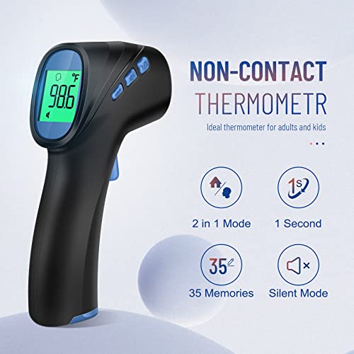 Forehead Thermometer for Adults and Kids, Non Contact, 1s Result (Black) | 3-Color Fever Alarm, 35 Memory Recalls, 2-in-1 Mode, Silent Mode, Large & Clear Backlit Display, FSA Eligible, Easy to use - color: Black