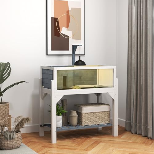 Reptile Enclosure with Shelf Storage, 35.4”H Tortoise Habitat with 2 Rooms, Large Viewing Windows & Lamp Holder, Indoor/Outdoor Wooden Cage for Bearded Dragon, Lizard, Snake - color: P-7