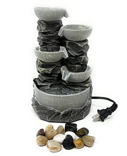 Nature's Mark 9" H 5-Tiered Cascading Rock Bowl Tabletop Water Fountain with Natural River Rocks and LED Lights (Power Cord Attached)