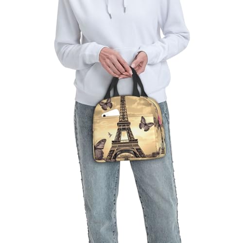 Insulated Lunch Bag Eiffel Tower Flowers and Butterflies Lunch Box for Women Men Reusable Leakproof Lunch Cooler Bag for Office Picnic - color: Eiffel Tower Flowers And Butterflies
