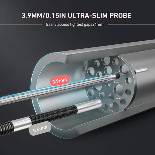 3.9mm Two-Way Articulating Borescope, 5 Inch HD Industrial Endoscope Inspection Camera with Light, Stainless Steel Flexible Fiber Optic Scope Camera 0.15in Automotive Mechanics Tool - size: 3.9mm