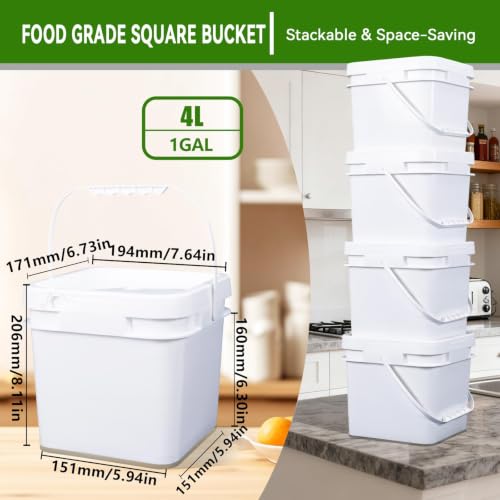 1 Gallon Food Storage Buckets with Lids, 4 Pack Square BPA Free Plastic Containers with Handles and Labels for Rice, Flour, Snacks and Kitchen Storage (White) - color: White, size: 1 gal