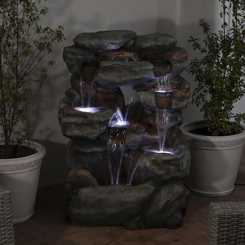 Alpine Corporation WIN1068 Outdoor Floor Rock Water Fountain with LED Lights, 5-Tier Rock Waterfall Fountain 54", Dark Brown - style: 54" H - 5-Tier Cool White LEDs