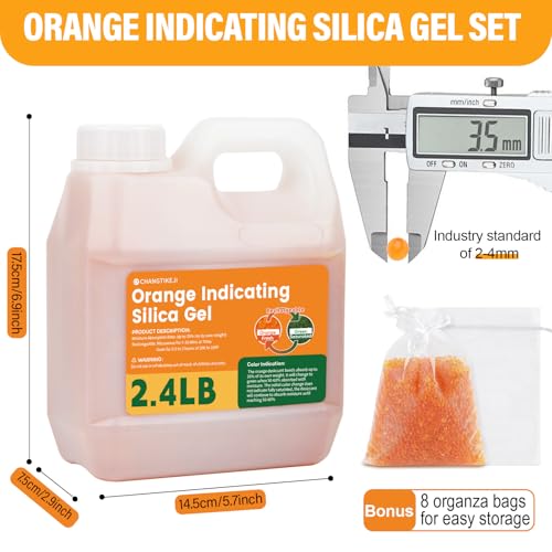 Orange Silica Gel Desiccant Beads 2.4LBS - Premium Color Indicating Reusable Moisture Absorbers for Camera, Electronic, Books, Documents, 3D Filaments, Clothes, Painting, Jewelry(8PCS Organza Bags) | Orange Silica Gel Desiccant Beads 2.4LBS,Indicating Reu