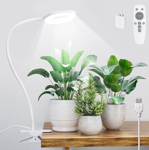 Clip On Full Spectrum LED Grow Light for Indoor Plants | Remote Control, 4/8/12H Auto Timer, 3 Lighting Modes, 10 Brightness Levels, Adjustable Gooseneck, For Small Plants
