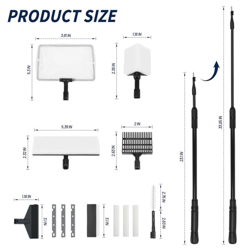 RUKANG Fish Tank Cleaner, 6 in 1 Aquarium Cleaning Tools Kit with 23~34 Inches Adjustable Long Handle Replaceable Blade Silicone Strip Algae Scraper Scrubber Brushes Set