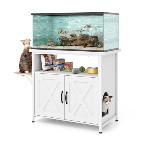 Verano Garden 40-50 Gallon Fish Tank Stand, Aquarium Stand, White | Cat Litter Box Enclosure, Storage Shelf, Cat Perch, Removable Divider, Scratch Mat, 36.2"x20.5" Tabletop, 660 LBS Capacity - color: White