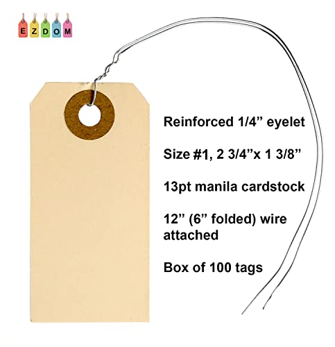 100 Manila Shipping Tags with Wire Attached #1-2 3/4” x 1 3/8” - Small Paper Hang Labels with Metal Ties and Reinforced Hole, Pre-Wired Tags to Tie On
