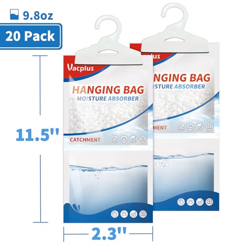 Vacplus Moisture Absorber, 20Pack Hanging, Strong Absorption, Unscented | Closet, Enclosed Spaces, Bathroom, Odor Eliminator, Dehumidifier Bags, 9.8 OZ - size: 20 pack