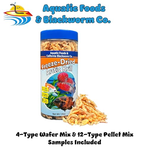 Arctic Krill, Freeze Dried Krill, High in Natural Color Enhancing for Large Cichlids, Tropical Fish, Koi, Turtles, 12-Type Pellet Mix & 4-Type Wafer Mix Included 1.9oz Canister