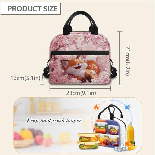 Fox Lunch Box Kids Insulated Lunch Bag for Girls Cherry Blossom Reusable Lunchbox Cooler Lunch Tote Bag for Kids Lunchbag with Shoulder Straps - color: Cherry Blossom Fox Print