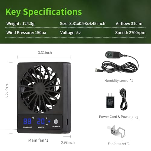 Reptile Tank Fan with Thermometer & Hygrometer | LED Display, Auto Ventilation for Enclosures & Terrariums
