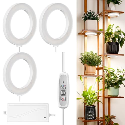 LORDEM 6.3” Ceiling Grow Lamp for Indoor Plants, 216 LEDs Full Spectrum Halo Plant Light, Under Cabinet Grow Lights with 4/8/12H Auto Timer, 3 Switch Modes, 4 Dimmable Brightness Levels, Tri Head - color: Triple Light--White