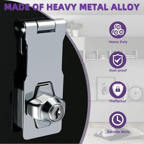Alise Keyed Hasp Latch,4 Inch Safety Padlock Hasp for Cabinets | Heavy Duty Hasp Lock ,Attic Door Latch,Chrome Door Lock with Keys for Storage Cabinet,Closets Doors - color: Chrome, size: 4 Inch