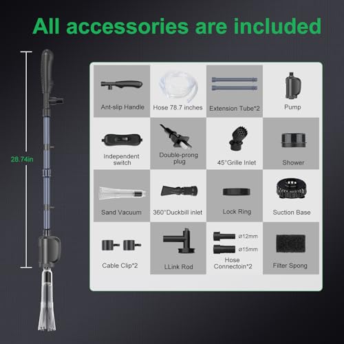 Electric Aquarium Gravel Cleaner, 36W 580 GPH Water Changer and Filter | Adjustable flow, 15 cm telescopic tube, 1.5 m hose, reusable sponge, low-water cleaning, and tool-free assembly