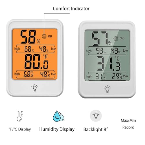 Digital Thermometer Hygrometer, Indoor Humidity Monitor with Backlight | Max/min record, magnetic mount. Ideal for baby room, bedroom, home, office, wine cellar, white
