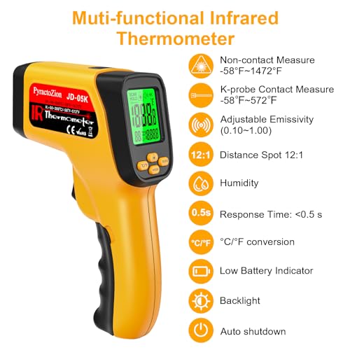 Infrared Thermometer Gun, Dual-Mode with Non-Contact IR & K-Type Thermocouple Probe Meature, -58°F to 1472°F High Accuracy Laser Temperature Gun with Emissivity, Humidity, for Cooking, Industrial Use - color: Yellow