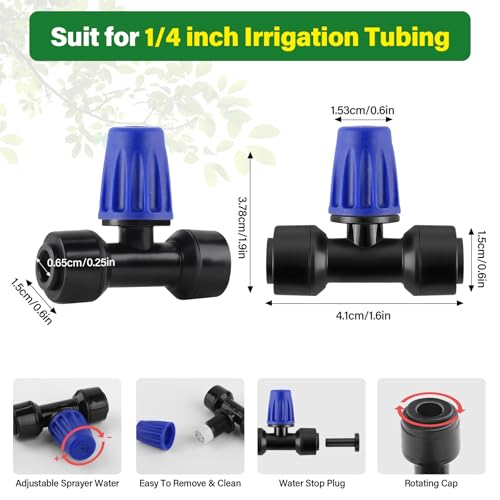 Kalolary 30Pcs Push-to-Fit Drip Irrigation Spray Emitters for 1/4" Tubing | Three-Way Adjustable Atomizing Nozzle Micro Irrigation Dripper Sprinklers with 6PCS End Plugs for Irrigation System(Blue) - size: 1/4” Push-to-Connect Tee- Misting- 30P Blue